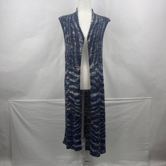 Chicos Blue Knitted Waterfall Duster Vest Size 2 Sleeveless Open Front - Picture 9 of 12